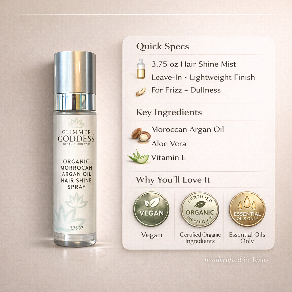Organic Moroccan argan oil hair shine spray bottle with shiny hair in the background.