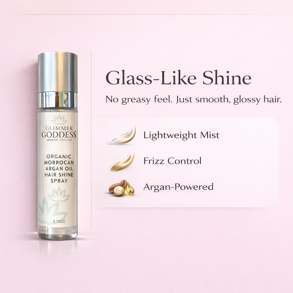 Organic Moroccan argan oil hair shine spray with smooth, shiny hair.