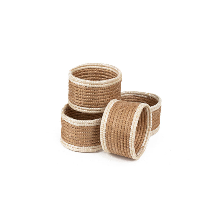 Handwoven sisal napkin rings with a basket weave in natural white.