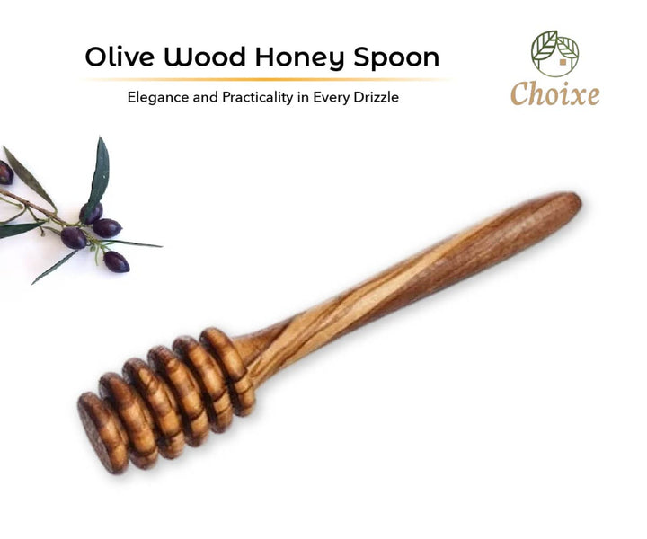 Olive wood honey spoon, Mediterranean style, with a smooth handle and rounded scoop for serving honey.