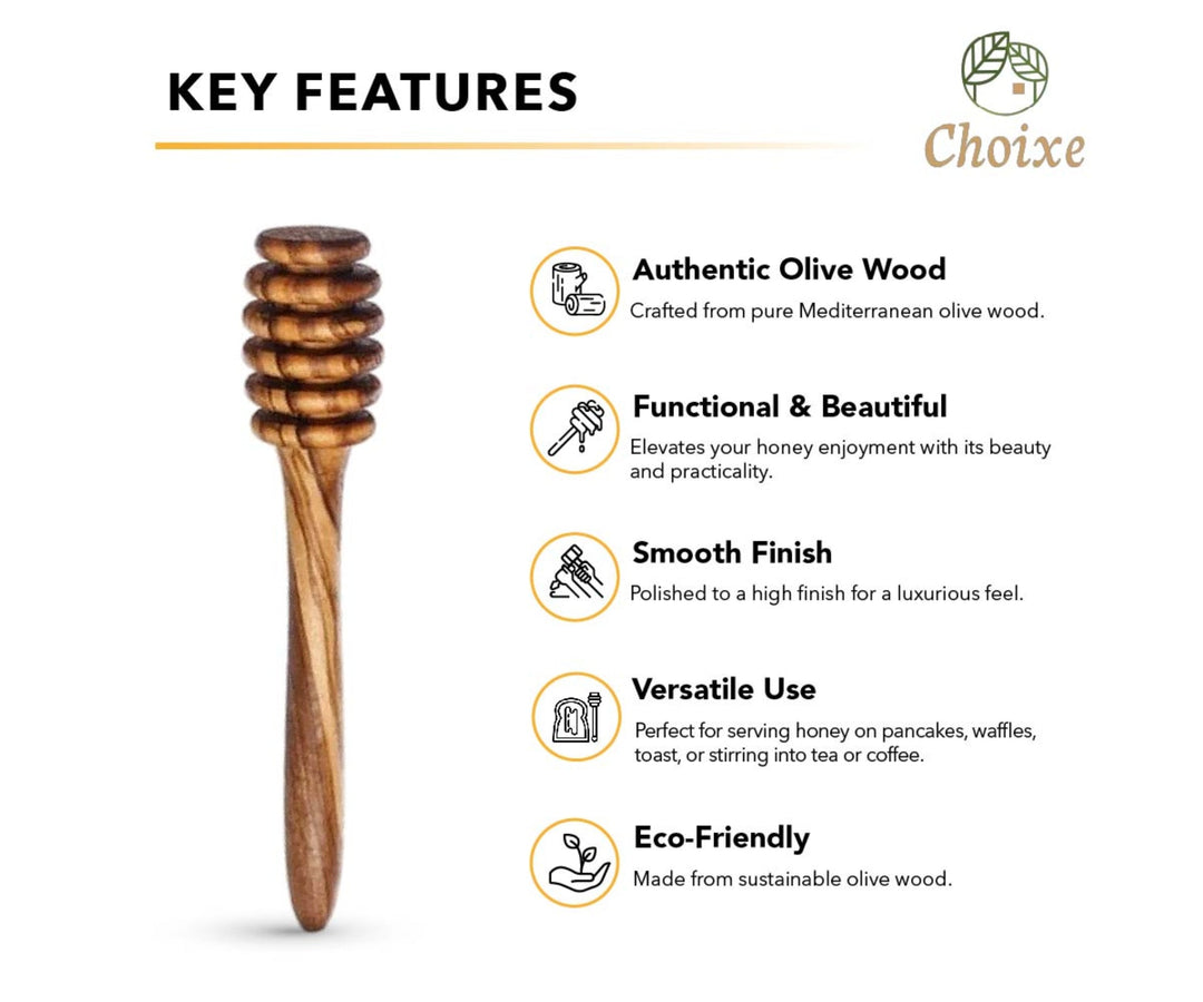 Olive wood honey spoon with a smooth handle and rounded scoop, ideal for serving honey in Mediterranean style.