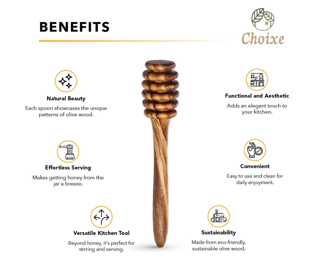 Olive wood honey spoon, Mediterranean style, showing the smooth, curved handle and small scoop for honey.