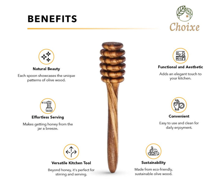 Olive wood honey spoon, Mediterranean style, showing the smooth, curved handle and small scoop for honey.