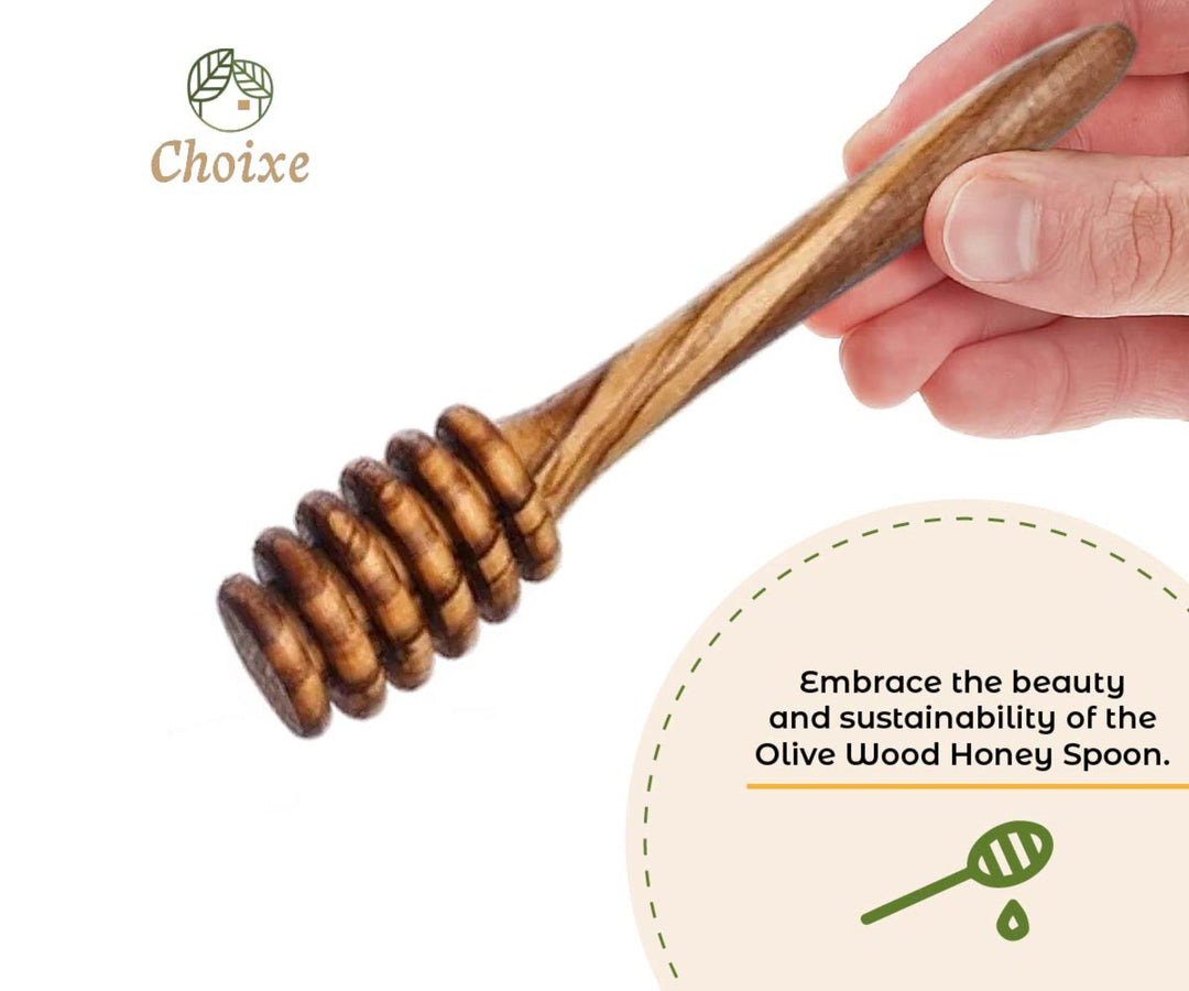 Olive wood honey spoon with a smooth, natural finish, designed for serving honey in a Mediterranean-style kitchen.