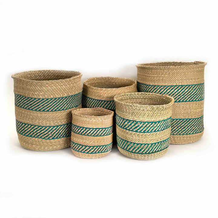 Turquoise stripe Iringa basket, woven Milulu grass with a spacious interior.