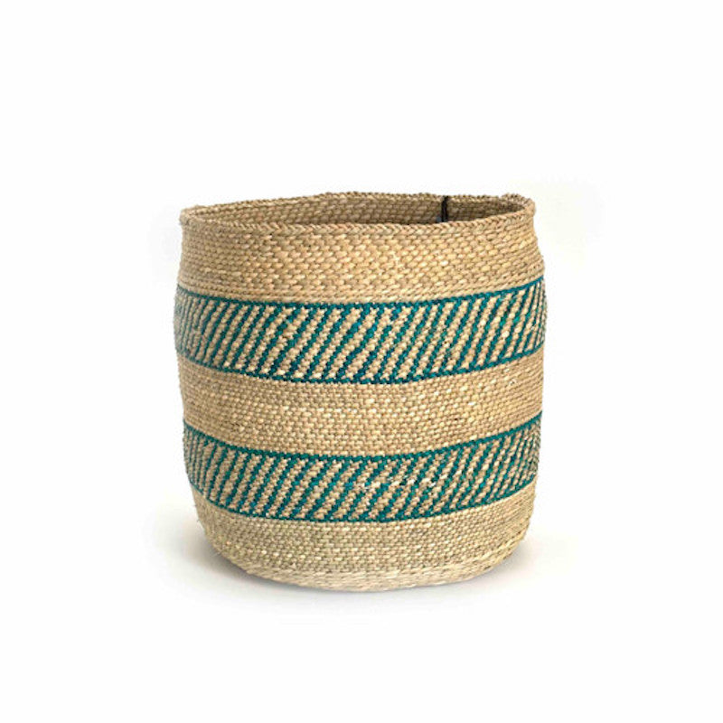 Turquoise stripe Iringa storage basket in woven Milulu grass