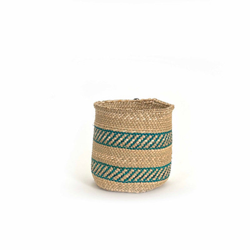 Turquoise stripe Iringa basket, handwoven Tanzanian Milulu grass
