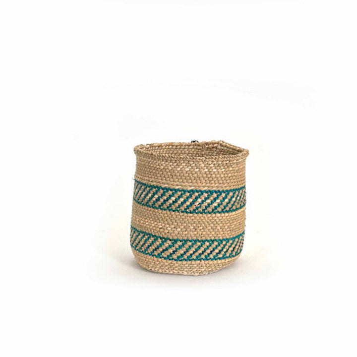 Turquoise stripe Iringa basket, handwoven Tanzanian Milulu grass