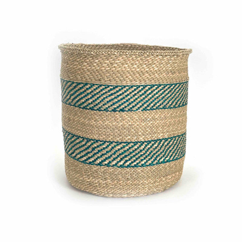 Large turquoise stripe Iringa basket, woven Milulu grass