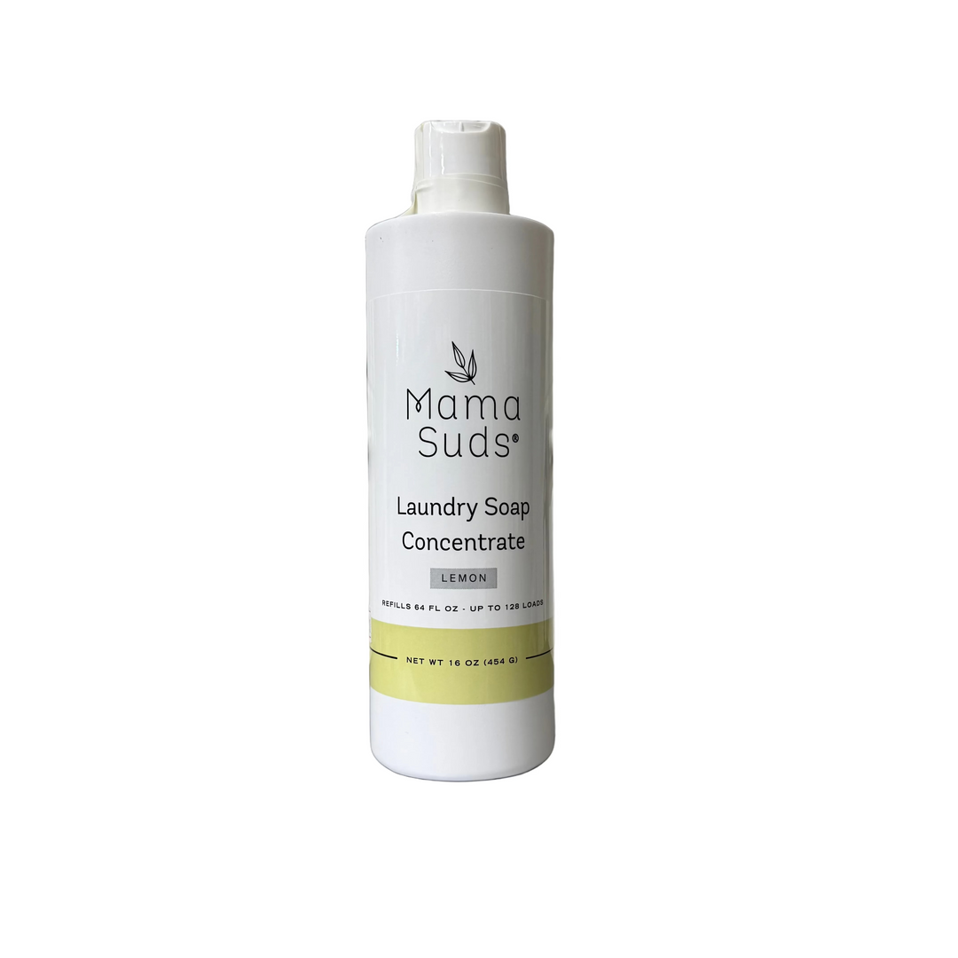 Laundry soap concentrate refill bottle with label and cap.