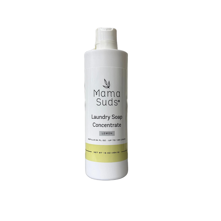 Laundry soap concentrate refill bottle with label and cap.