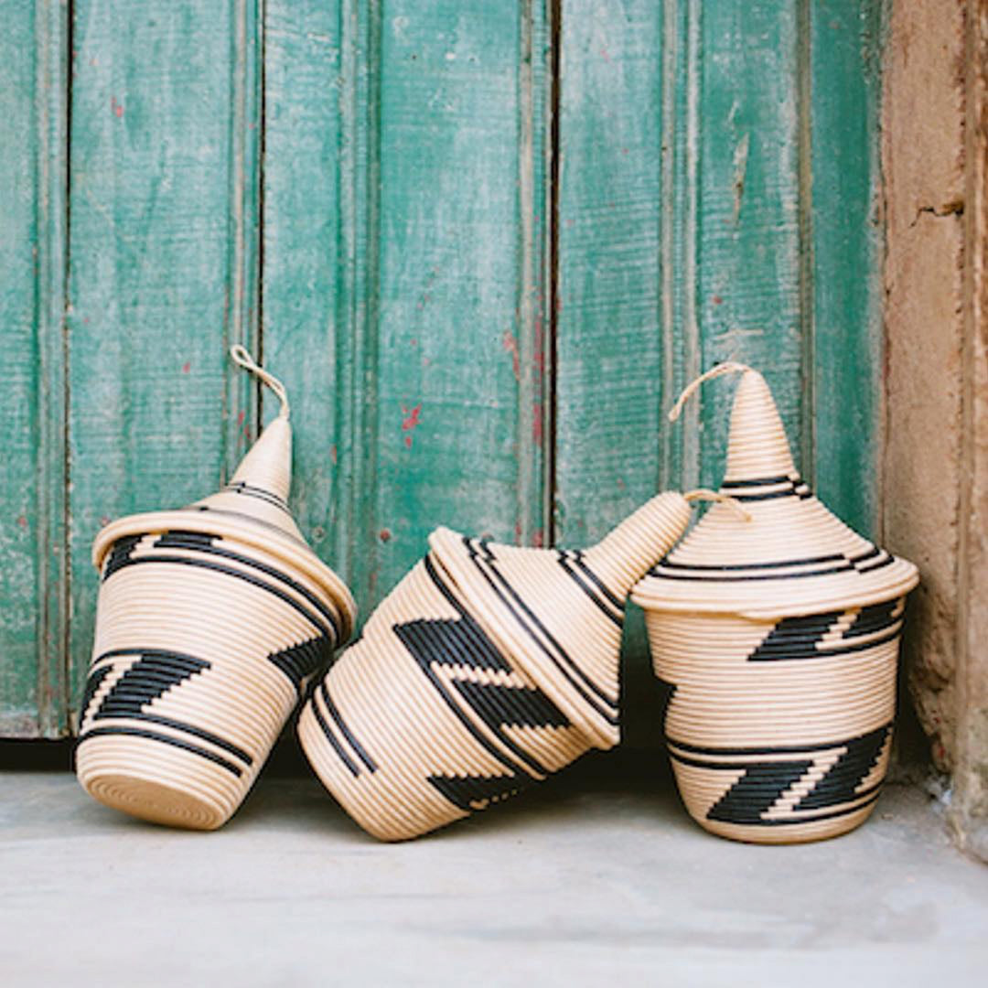 Traditional sisal peace basket, handwoven from natural fiber for storage or display.