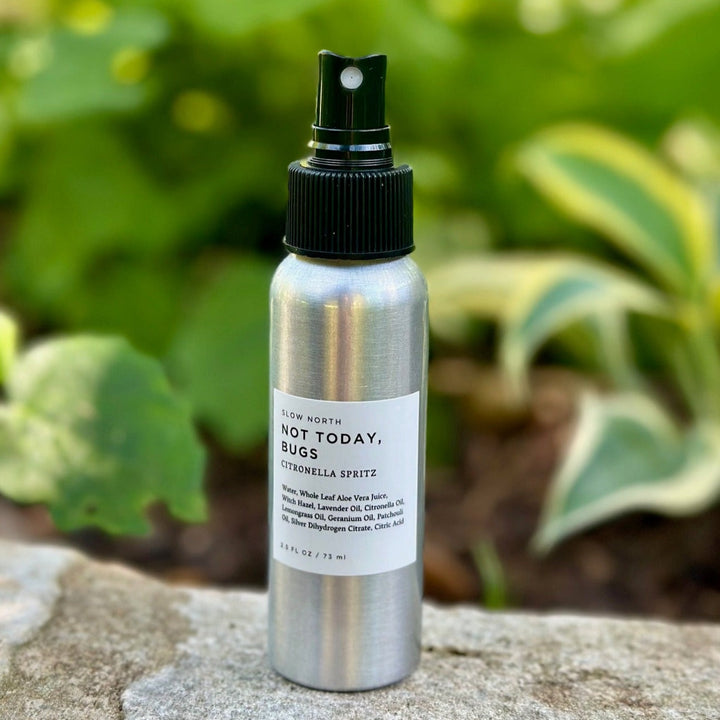 Mini bug spray in a compact aluminum bottle with natural essential oil blend.