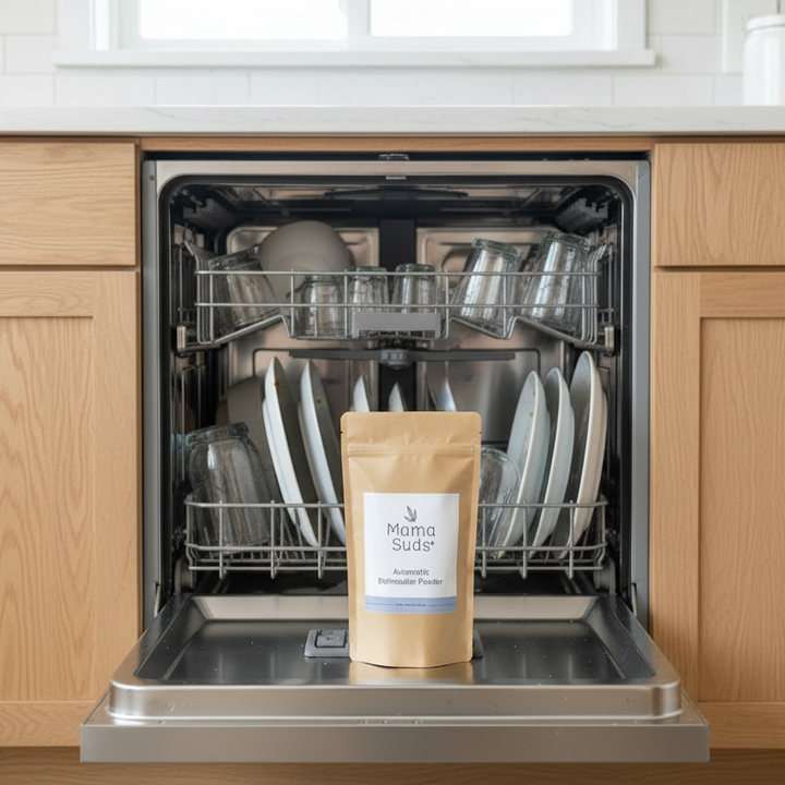 Natural, PVA-free dishwasher powder in a container.