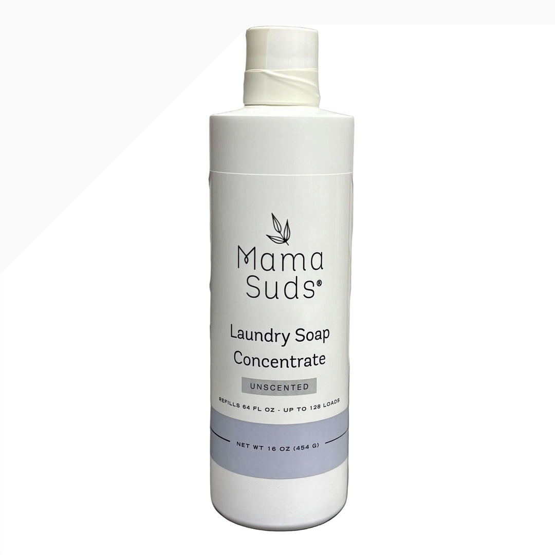 Laundry soap concentrate refill bottle with label and cap.