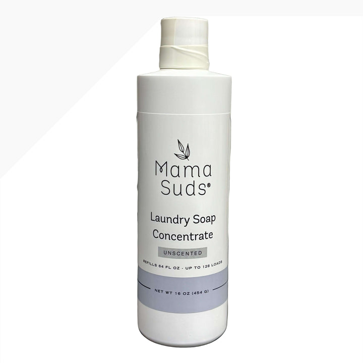 Laundry soap concentrate refill bottle with label and cap.