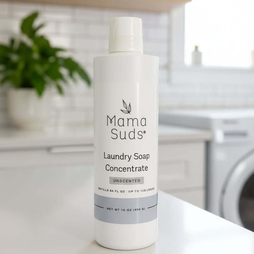 Laundry soap concentrate refill bottle with a green cap and label.