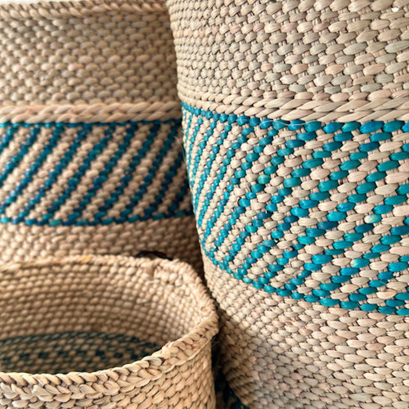 Turquoise stripe Iringa basket, woven Milulu grass for storage