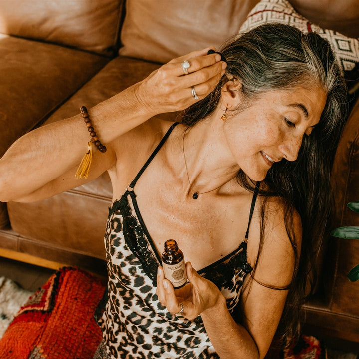 Ayurvedic ear oil with sesame and lavender and herbal ingredients.