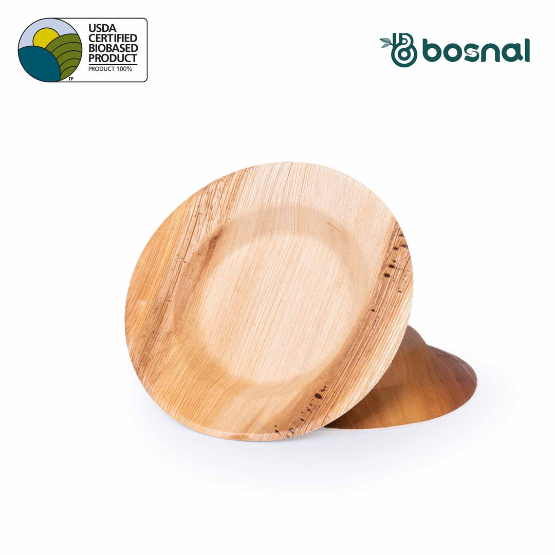 Round biodegradable palm leaf soup bowl with natural leaf texture.