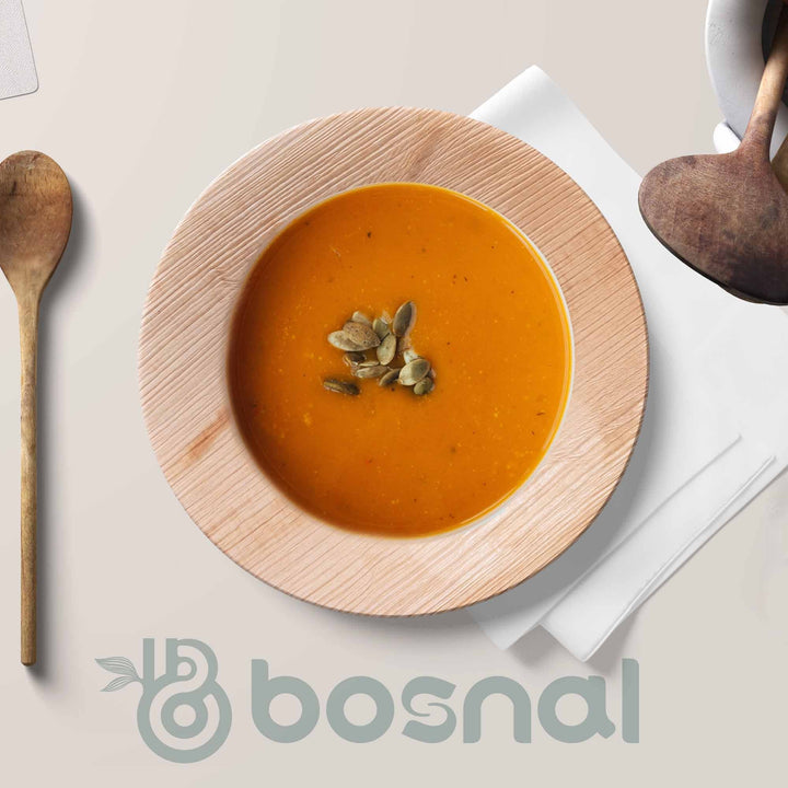 Round palm leaf soup bowl with a natural textured surface.