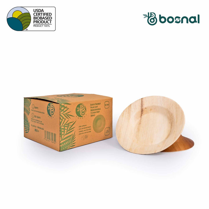Round palm leaf soup bowl with a smooth, curved edge.