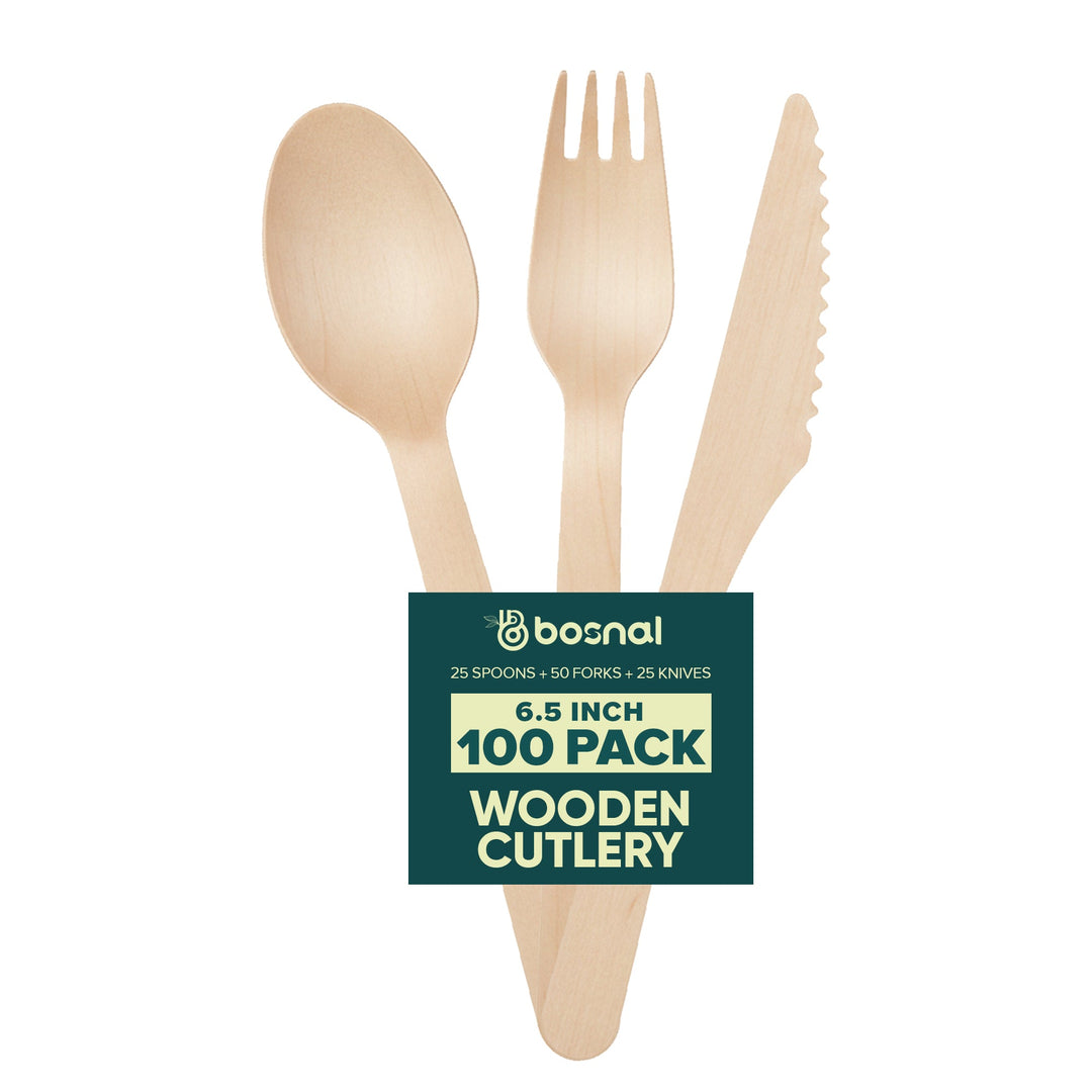 Birch wood disposable cutlery set with forks, knives, and spoons.