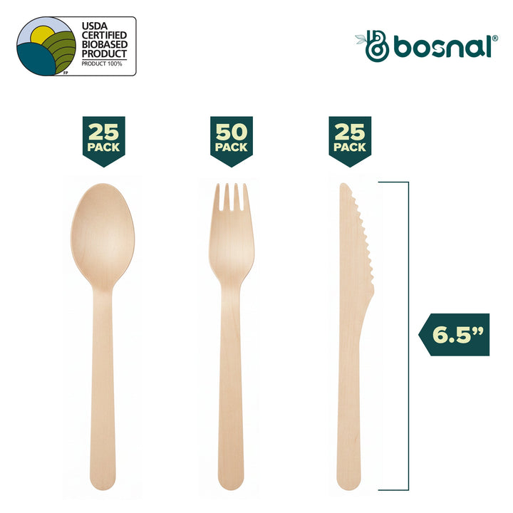 Birch wood disposable cutlery set with forks, knives, and spoons.