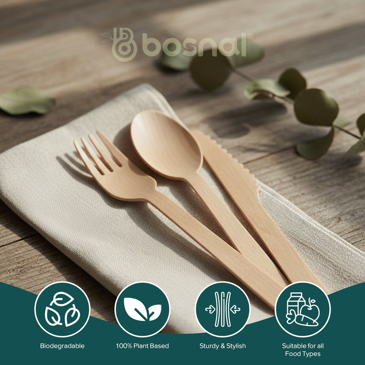 Birch wood cutlery set with forks, knives, and spoons.