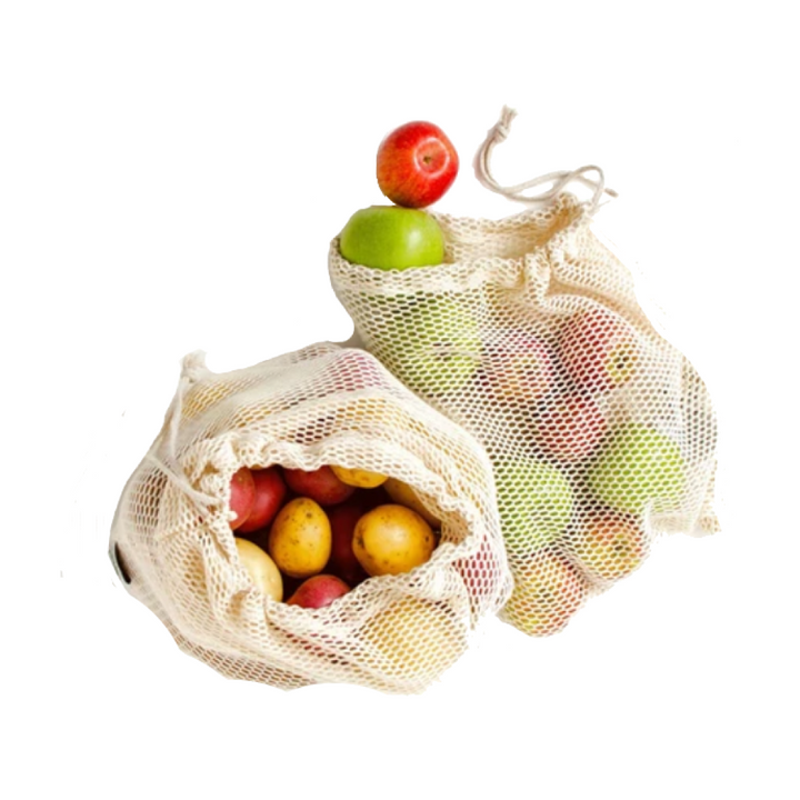 Set of two organic cotton mesh bags for storage and produce, breathable fabric.