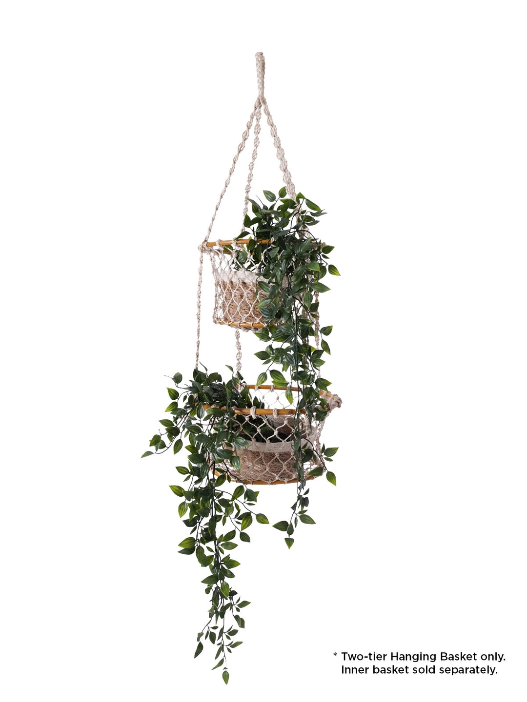 Natural jute double hanging basket by DC-KORISSA with two woven baskets suspended on metal hooks for indoor or outdoor use.