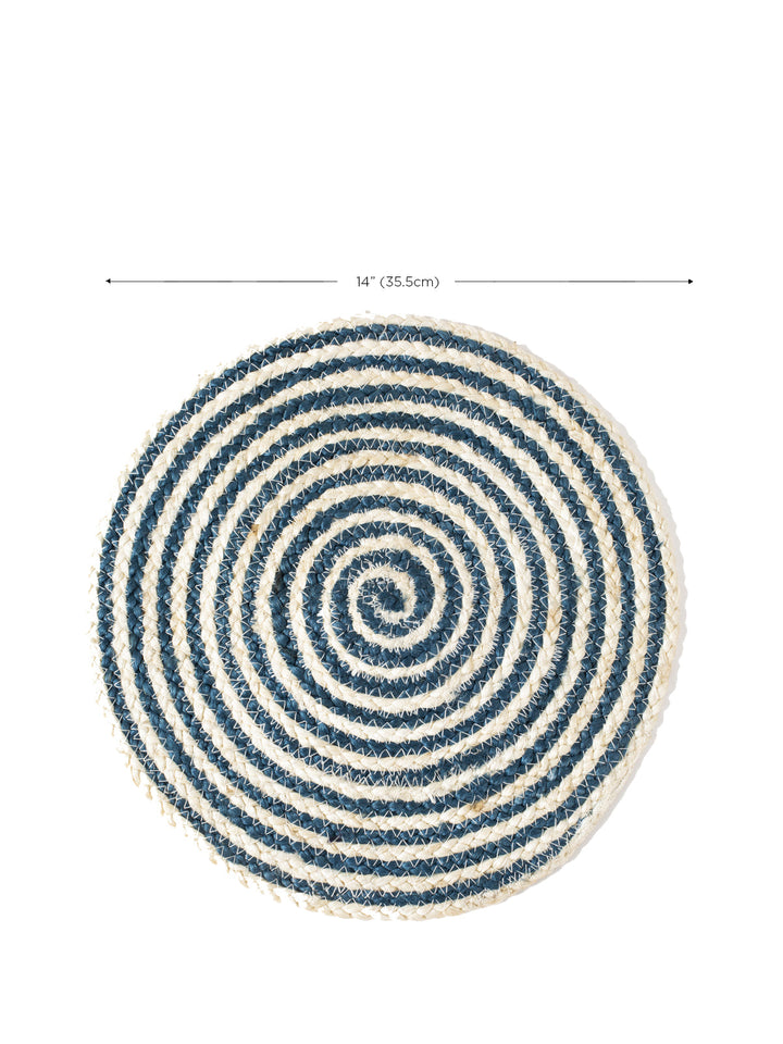Blue round spiral Kata placemat by DC-KORISSA, showing its textured spiral design on a smooth surface.
