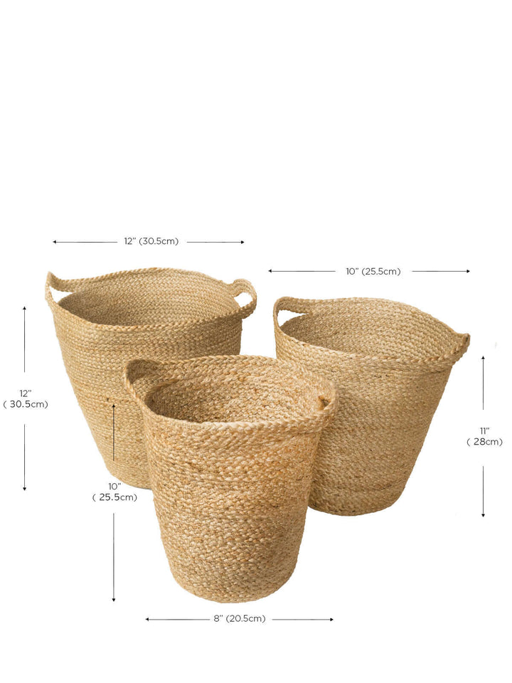 Sturdy handwoven jute basket with cut-in slit handles, earthy natural tones