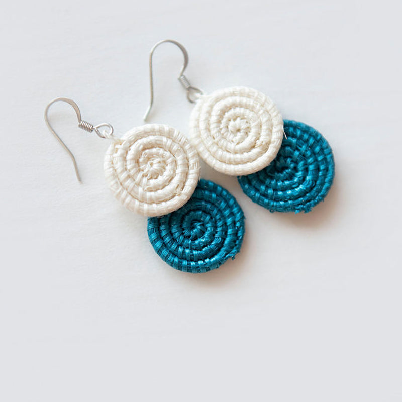 Celestial blue woven disc earrings made from lightweight sisal fiber.