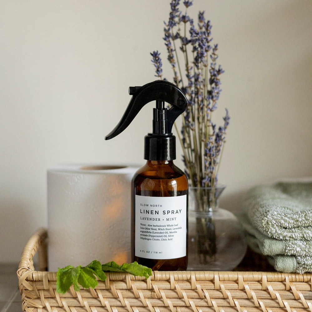 Linen spray bottle with fresh lavender and mint scent profile.