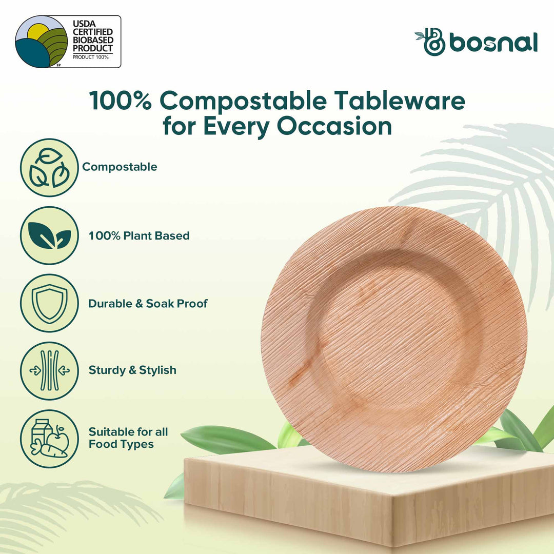 Round palm leaf soup bowl for serving hot or cold dishes.