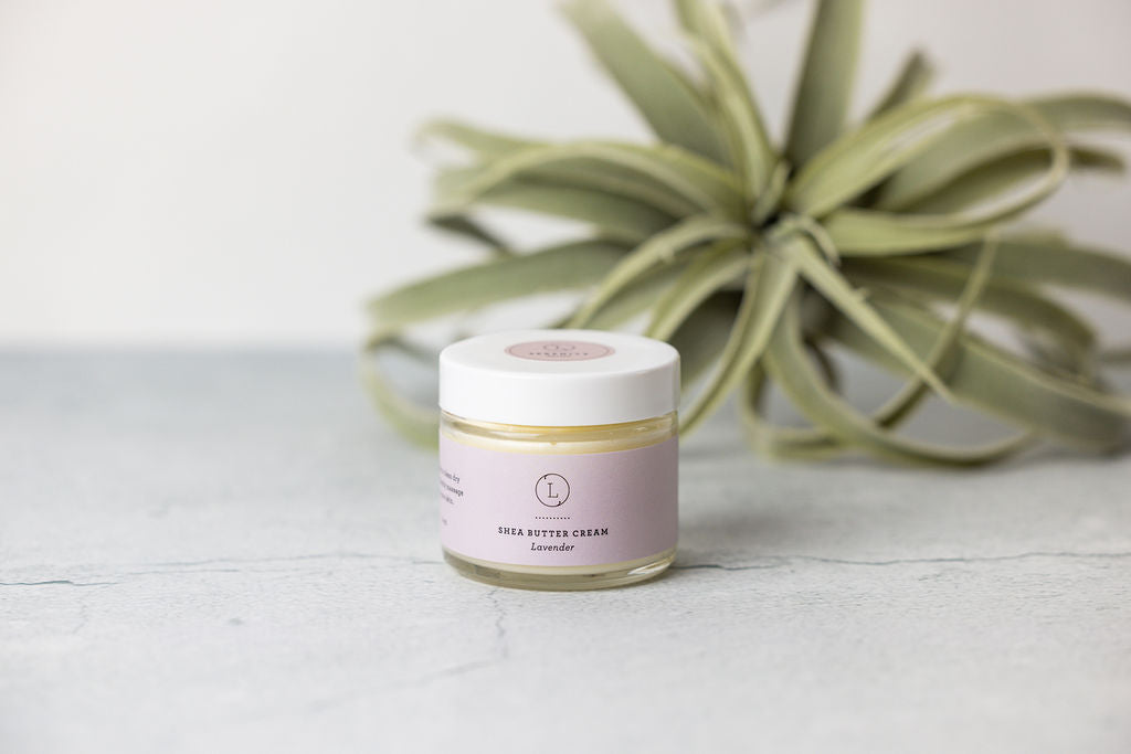 Lavender shea butter body cream, a natural moisturizer in a jar.