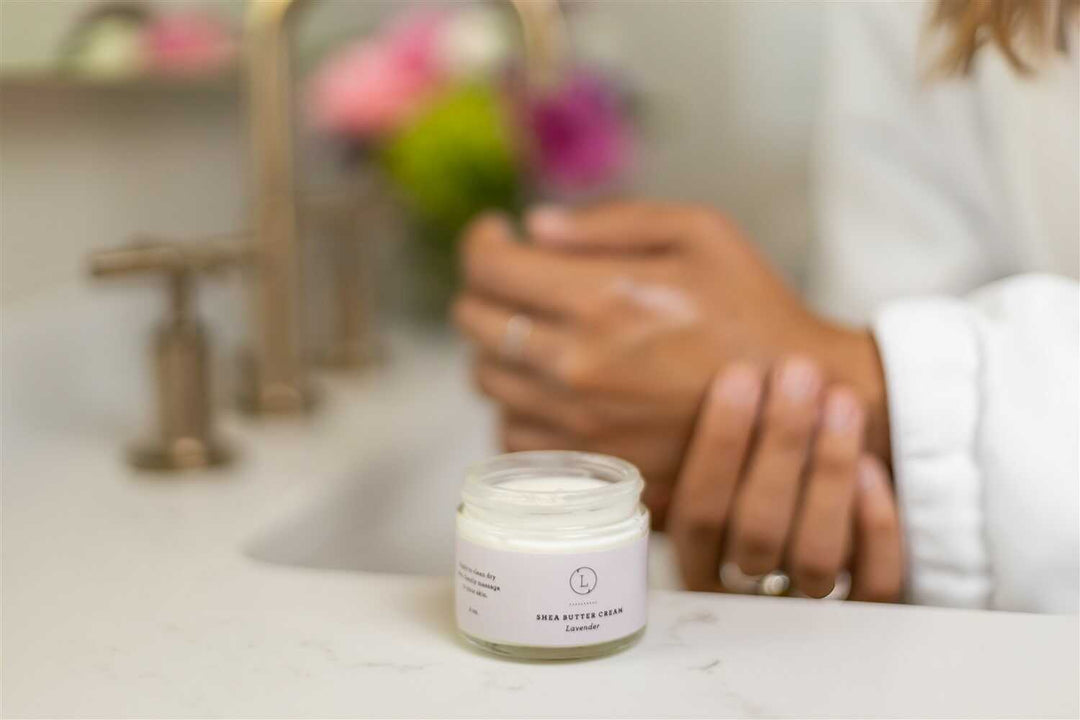 Lavender shea butter body cream with a smooth, creamy texture.