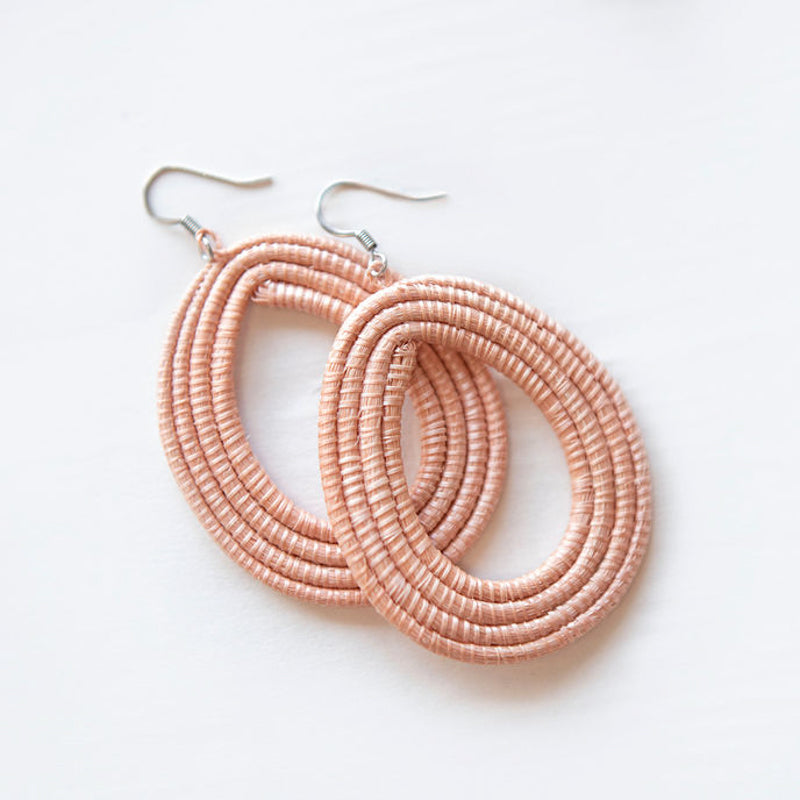 Blush woven loop earrings made from natural sisal, lightweight jewelry.