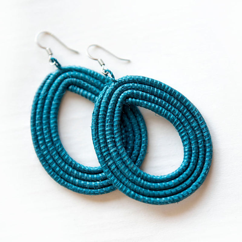 Celestial blue woven loop earrings made from natural sisal, lightweight design.