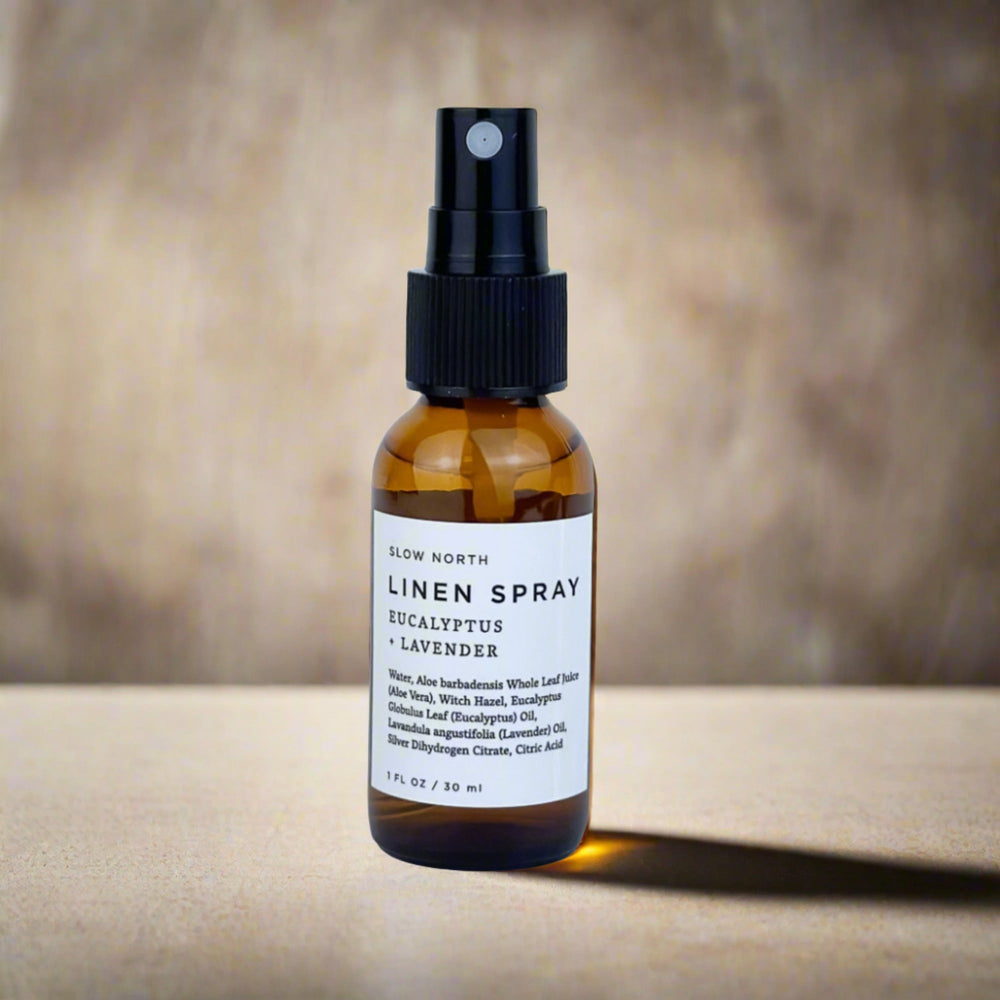 Mini herbal linen spray with eucalyptus and lavender essential oils.