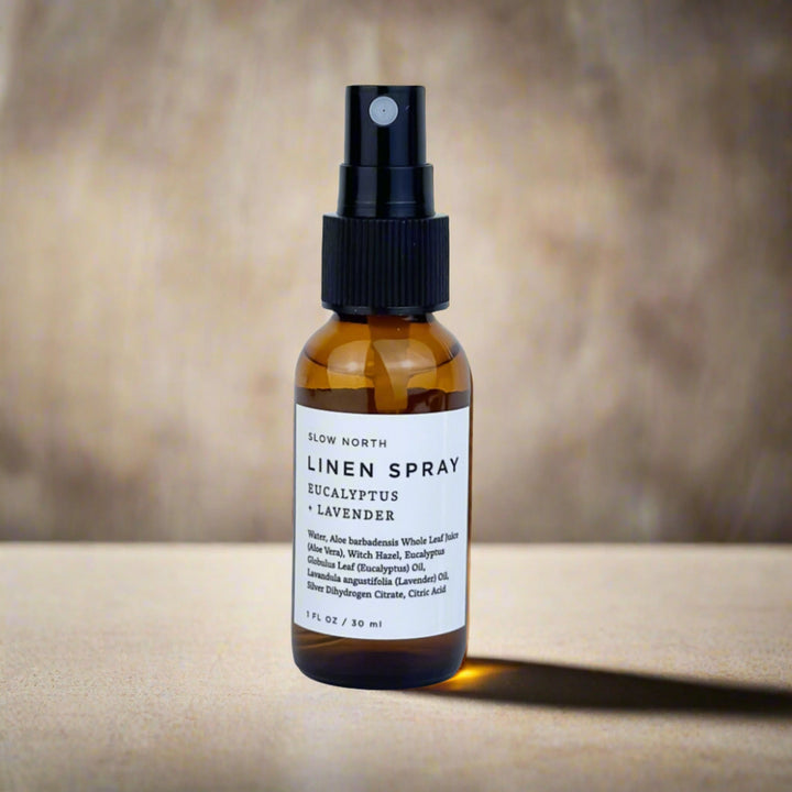 Mini herbal linen spray with eucalyptus and lavender essential oils.