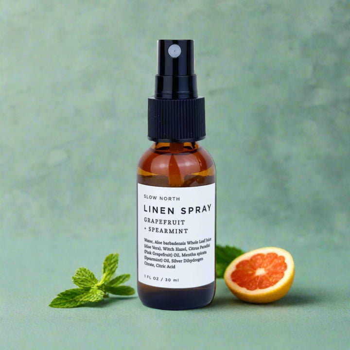 Mini linen spray with pink grapefruit and spearmint essential oils.