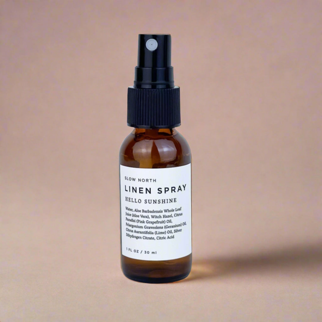 Mini citrus linen spray with grapefruit, geranium, and lime essential oils.