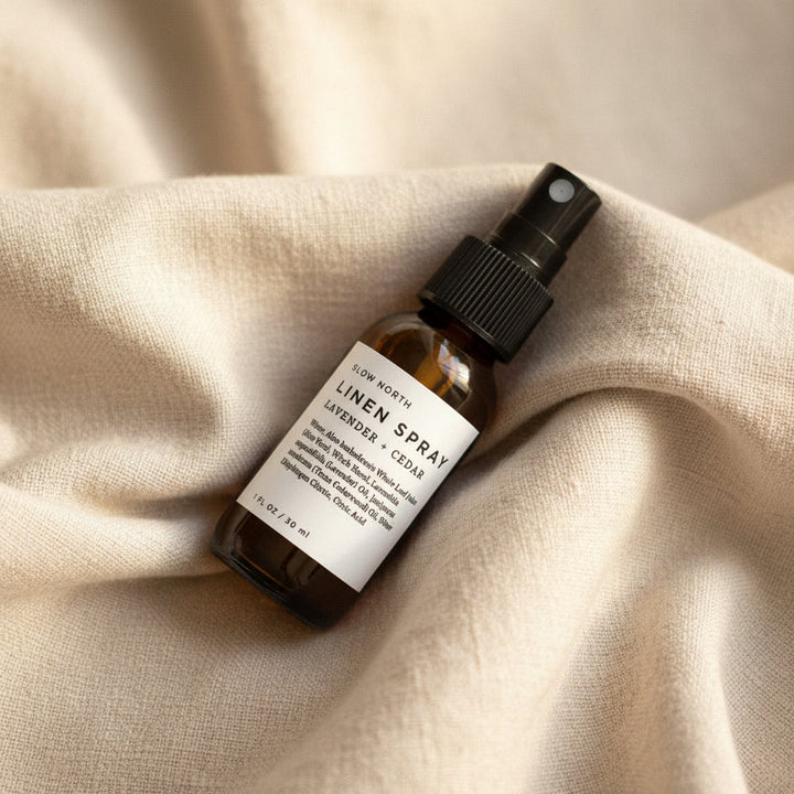 Mini linen spray with lavender and cedarwood essential oils.
