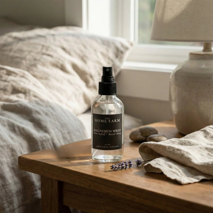 Topical magnesium spray bottle, shown with the spray being applied to skin.