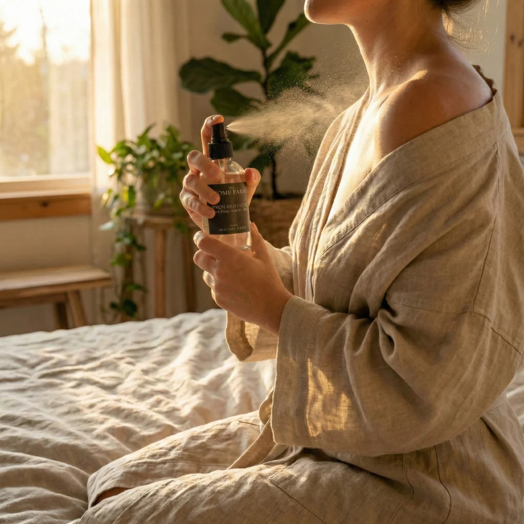 Topical magnesium spray bottle, shown with hands applying the spray.