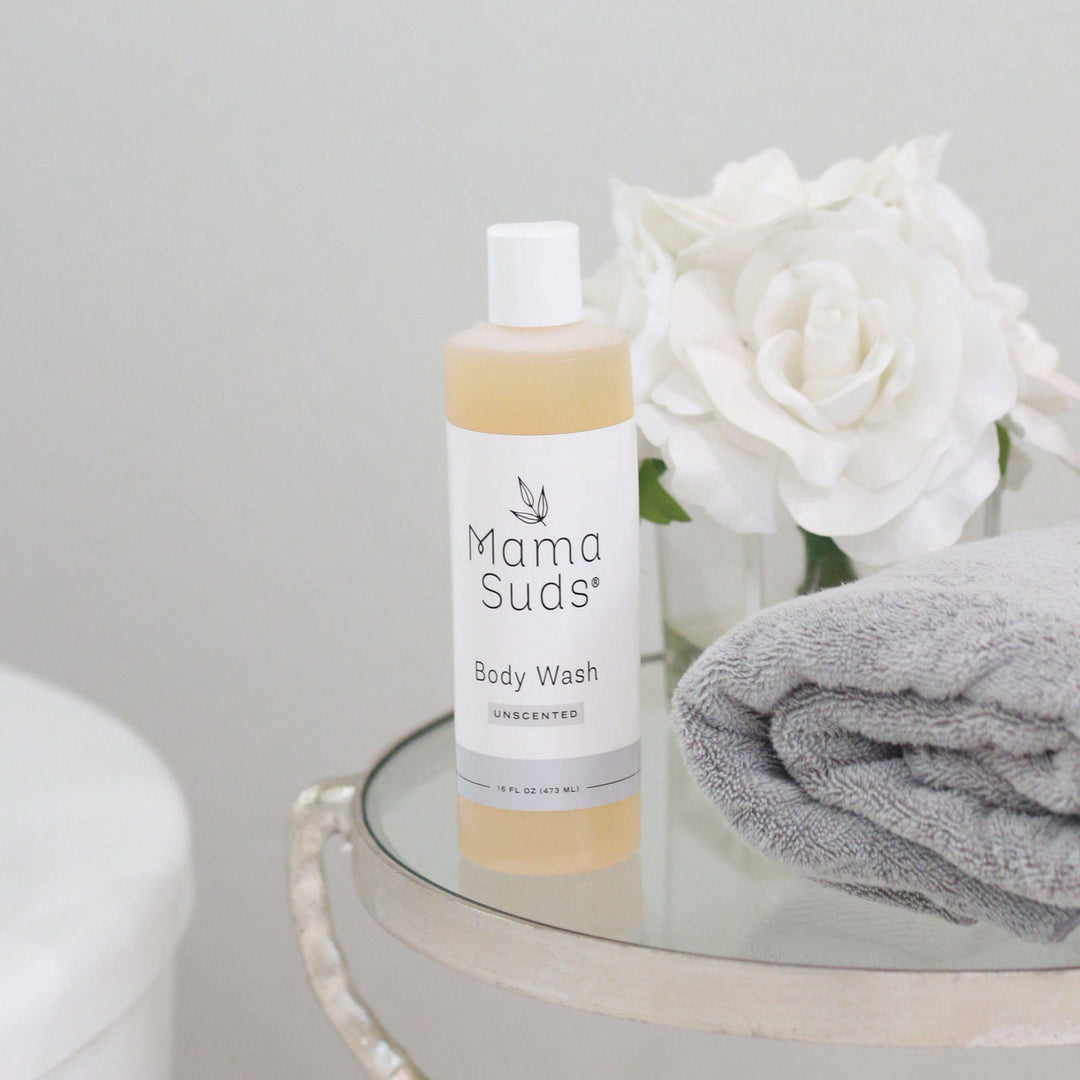Plant-based castile body wash in a clear bottle with a white pump.