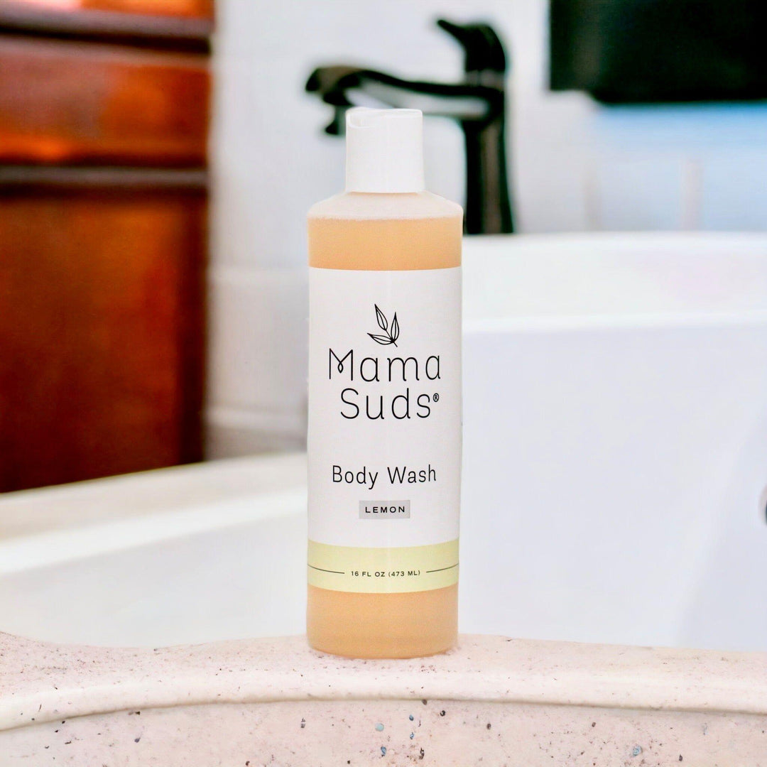 Lemon-scented plant-based castile body wash in a clear bottle.