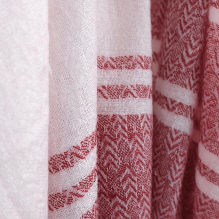 Close-up of the handwoven cashmere scarf showing the Merry design and woven texture.